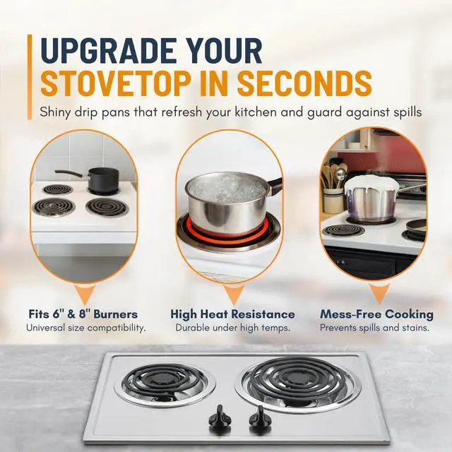 Alt view image 4 of 7 - Electric Stove Drip Pans Set of 4 (2 x 6-Inch & 2 x 8-Inch) Stove Drip Pans for Electric Stove for Whirlpool, Maytag, KitchenAid & More - Compatible with W10196405 & W10196406 Stove Burner Drip Pan