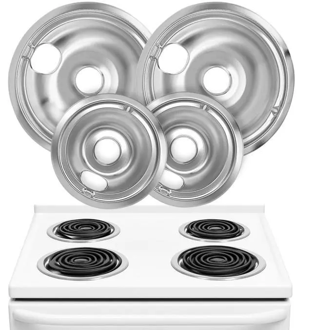Main image of Electric Stove Drip Pans Set of 4 (2 x 6-Inch & 2 x 8-Inch) Replacement Stove Drip Pans for Electric Stove for GE & Hotpoint Ranges - Compatible with WB31T10010 and WB31T10011 Stove Burner Drip Pan