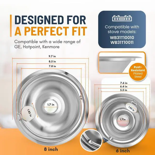 Alt view image 2 of 7 - Electric Stove Drip Pans Set of 4 (2 x 6-Inch & 2 x 8-Inch) Replacement Stove Drip Pans for Electric Stove for GE & Hotpoint Ranges - Compatible with WB31T10010 and WB31T10011 Stove Burner Drip Pan