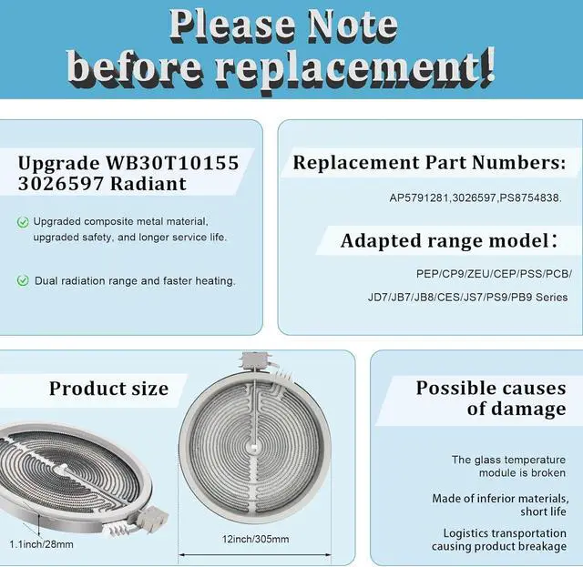 Alt view image 2 of 5 - WB30T10155 12in Triple Radiant Surface Element for GE Electric Stove | WB30T10155 Replace PS8754838, AP5791281, Fit GE JB7 JS7 CEP CES Series