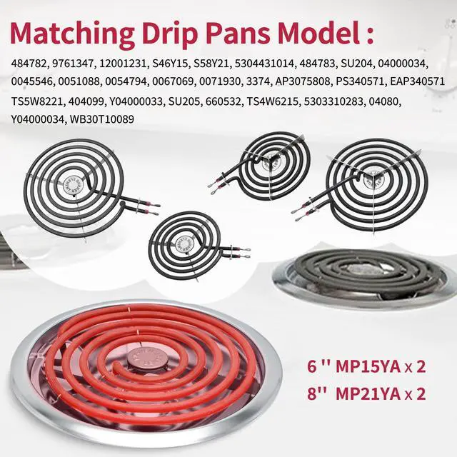 Alt view image 5 of 7 - MP22YA Electric Stove Burner Element Replacement Set & W10290350 W10290353 4 Pack Black Drip Pans - Perfectly Fit Whirlpool Electric Range Stove Top