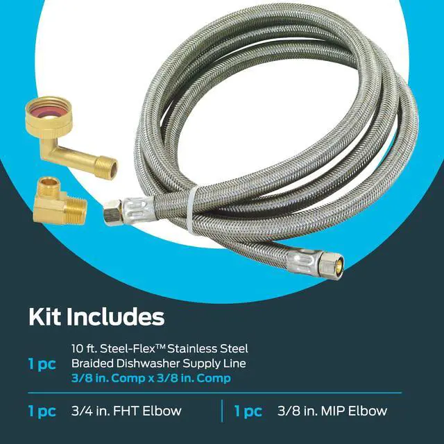 Alt view image 3 of 6 - 10 Ft. Dishwasher Installation Kit, Braided Stainless Steel Supply Line with 3/8 Inch Compression Ends, 41060