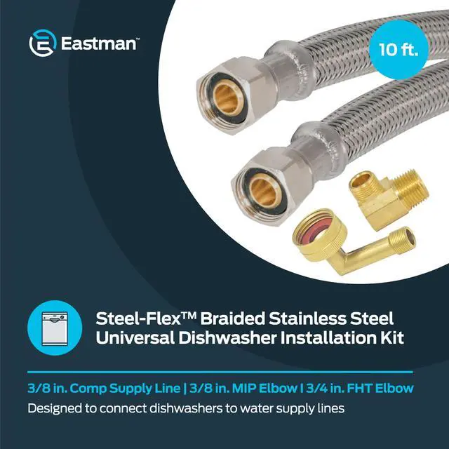 Alt view image 2 of 6 - 10 Ft. Dishwasher Installation Kit, Braided Stainless Steel Supply Line with 3/8 Inch Compression Ends, 41060