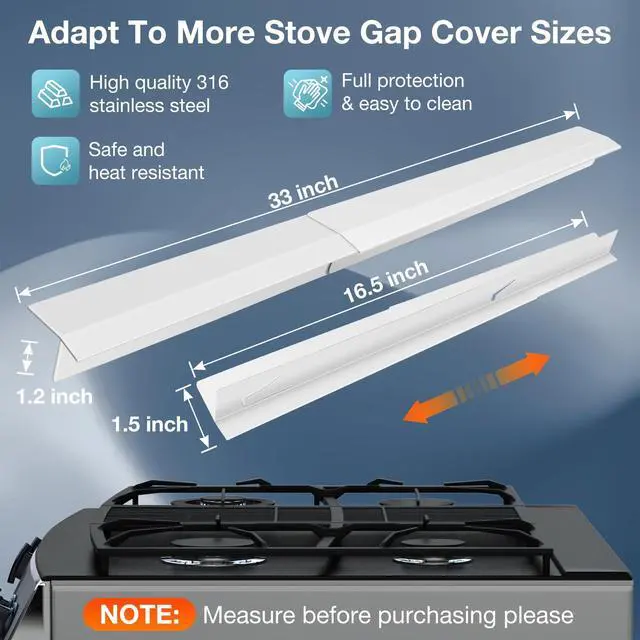 Alt view image 3 of 7 - 16.5"-33" Stove Gap Covers Stainless Steel 2PCS, Stove Gap Filler, White | Oven Side Gap Filler, Kitchen Range Trim Kit, Stove Gap Guard Between Stove and Counter, Heat Resistant & Effectively Protect