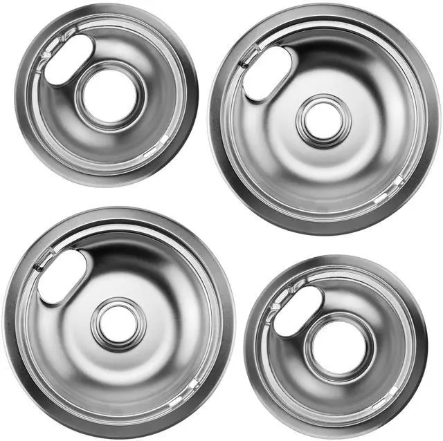 Main image of W10196406 and W10196405 Chrome Stove Burner Drip Pan Set for Whirlpool Amana Maytag Magic-Chef Kenmore Electric Range with Locking Slot, Includes 2 6-Inch and 2 8-Inch Drip Bowls