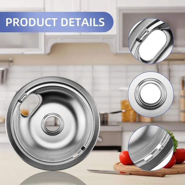 Alt view image 2 of 7 - W10196406 and W10196405 Chrome Stove Burner Drip Pan Set for Whirlpool Amana Maytag Magic-Chef Kenmore Electric Range with Locking Slot, Includes 2 6-Inch and 2 8-Inch Drip Bowls