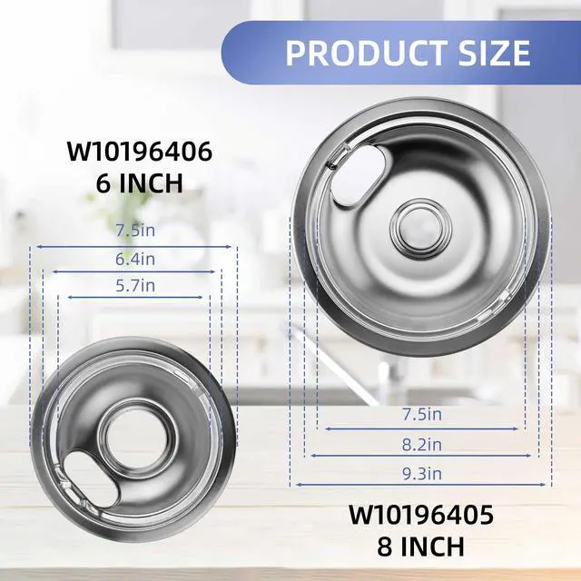 Alt view image 3 of 7 - W10196406 and W10196405 Chrome Stove Burner Drip Pan Set for Whirlpool Amana Maytag Magic-Chef Kenmore Electric Range with Locking Slot, Includes 2 6-Inch and 2 8-Inch Drip Bowls