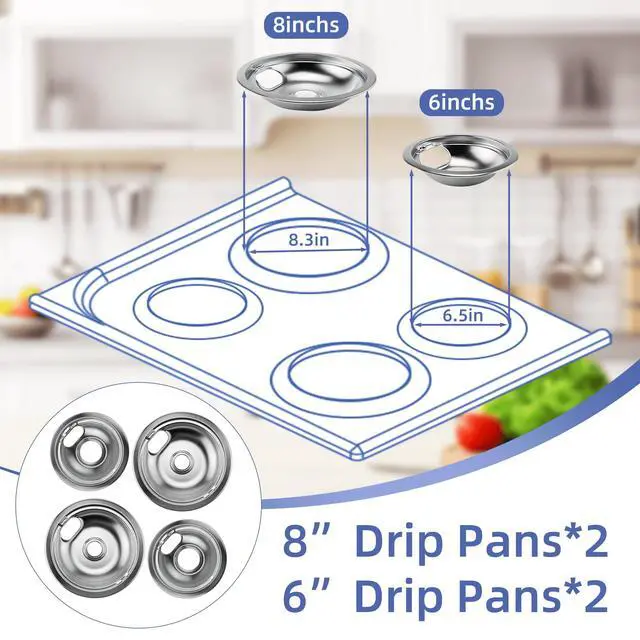 Alt view image 4 of 7 - W10196406 and W10196405 Chrome Stove Burner Drip Pan Set for Whirlpool Amana Maytag Magic-Chef Kenmore Electric Range with Locking Slot, Includes 2 6-Inch and 2 8-Inch Drip Bowls