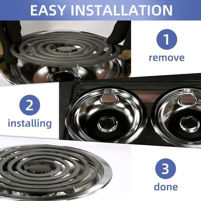 Alt view image 6 of 7 - W10196406 and W10196405 Chrome Stove Burner Drip Pan Set for Whirlpool Amana Maytag Magic-Chef Kenmore Electric Range with Locking Slot, Includes 2 6-Inch and 2 8-Inch Drip Bowls