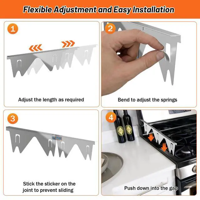Alt view image 6 of 7 - Stainless Steel Stove Gap Covers(2PCS), Silver Gap Filler, 13.8" to 27.5" | Stove Gap Guard for Kitchen Oven Gap Between Stove Top and Counter, Easy Clean, Heat Resistant, and Adjustable Length