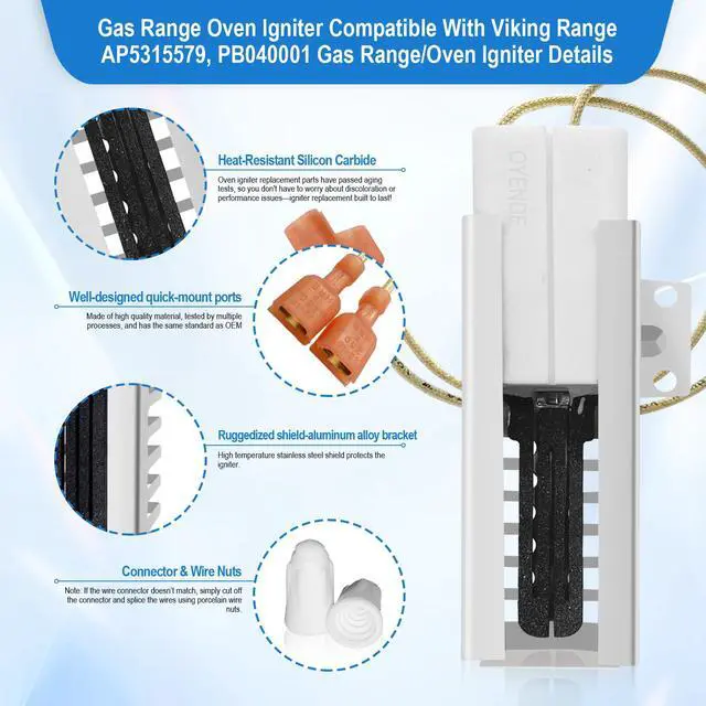 Alt view image 7 of 7 - 2 Pack PB040001 Gas Range Oven Igniter, Oven Igniter for Gas Stove for Viking Range Oven Igniter, Replace AP5315579 065650-000 SGR4001 792263, with 4 Ceramic Nuts