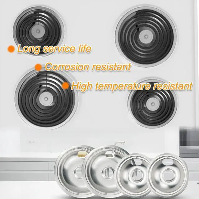 Alt view image 4 of 6 - Chrome Drip Pan Stove Burner Covers, Electric Stove Burner Drip Pans for Whirlpool W10278125, 4 Pack (4x8")