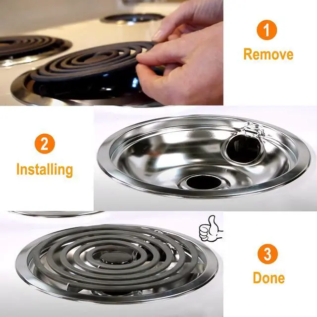 Alt view image 5 of 6 - Chrome Drip Pan Stove Burner Covers, Electric Stove Burner Drip Pans for Whirlpool W10278125, 4 Pack (4x8")
