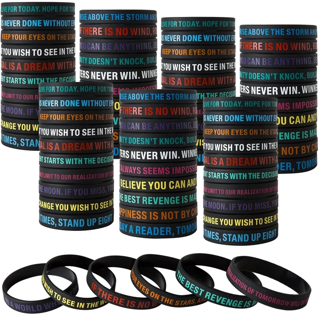 Main image of 100 Pcs Motivational Silicone Wristbands Inspirational Bracelets 20 Styles For Fitness Sports & Team Building, Perfect Encouragement Gifts For Men Women And Students