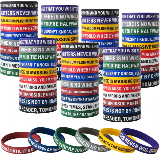Main image of 100 Pcs Motivational Silicone Wristbands Inspirational Bracelets 20 Styles For Fitness Sports & Team Building, Perfect Encouragement Gifts For Men Women And Students