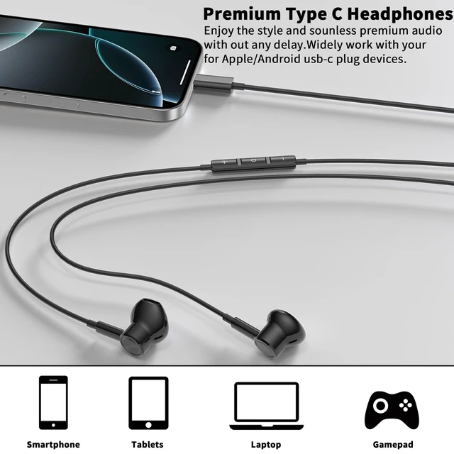 Alt view image 4 of 7 - USB C Earbuds Wired Headphone for iPhone 18 Pro Max 17 16 17e,Black for Samsung S26 S25 Ultra S24 A17 A57 Type C Earphone,Stereo Corded Earbuds C Plug with Microphone for Apple/iPad Pro 10 11th