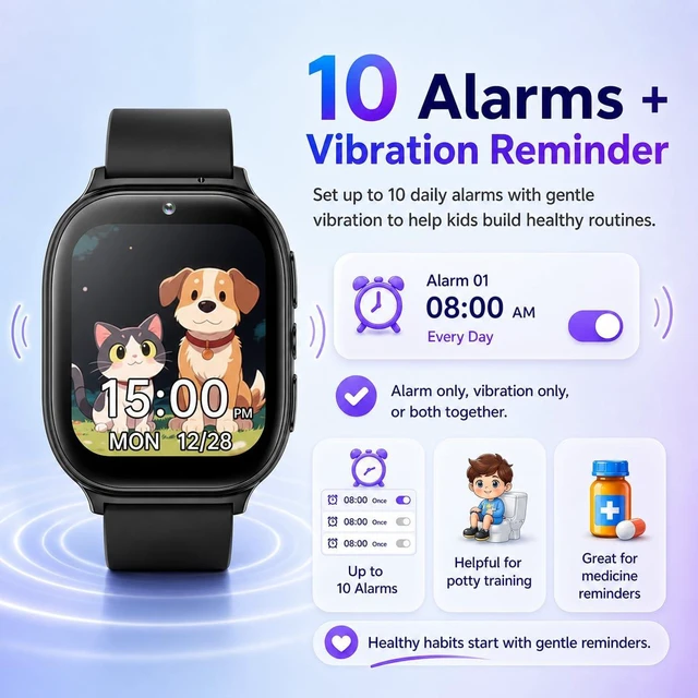 Alt view image 3 of 7 - Kids Smart Watch for Girls Boys Age 5-12, 10 Alarms and Vibration Reminder, App Location Check, 20 Puzzle Games HD Touch Screen Watch with Camera, Music Player, Pedometer, Flashlight, Gift (Black)
