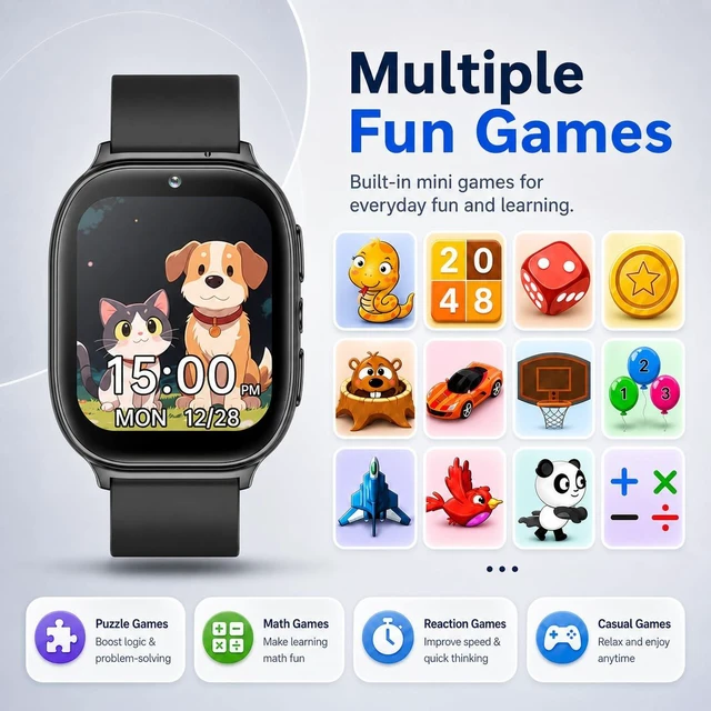 Alt view image 5 of 7 - Kids Smart Watch for Girls Boys Age 5-12, 10 Alarms and Vibration Reminder, App Location Check, 20 Puzzle Games HD Touch Screen Watch with Camera, Music Player, Pedometer, Flashlight, Gift (Black)