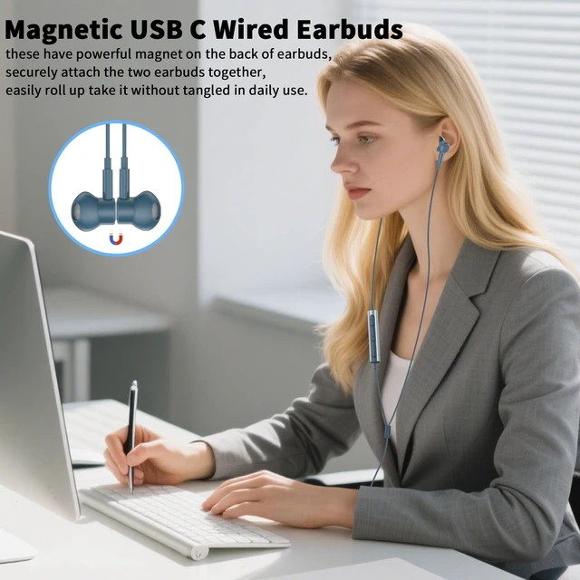 Alt view image 2 of 7 - USB C Earbuds Wired Headphones for iPhone 18 Pro Max 17 16 17e,Blue for Samsung S26 S25 Ultra S24 A17 A57 Type C Earphone,Stereo Corded Earbuds C Plug with Microphone for Apple/iPad Pro 10 11th