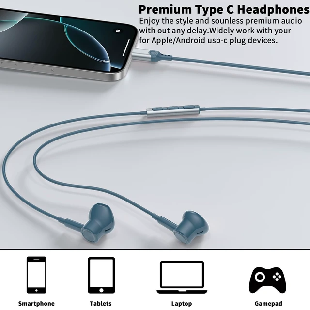 Alt view image 4 of 7 - USB C Earbuds Wired Headphones for iPhone 18 Pro Max 17 16 17e,Blue for Samsung S26 S25 Ultra S24 A17 A57 Type C Earphone,Stereo Corded Earbuds C Plug with Microphone for Apple/iPad Pro 10 11th
