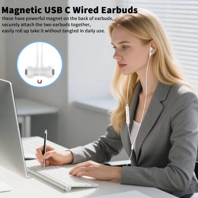 Alt view image 2 of 7 - USB C Earbuds Wired Headphone for iPhone 18 Pro Max 17 16 17e,White for Samsung S26 S25 Ultra S24 A17 A57 Type C Earphone,Stereo Corded Earbuds C Plug with Microphone for Apple/iPad Pro 10 11th