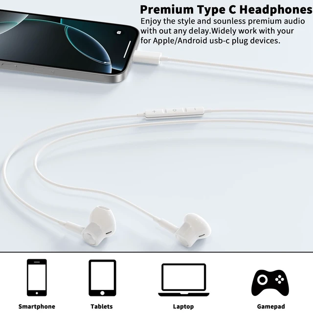 Alt view image 4 of 7 - USB C Earbuds Wired Headphone for iPhone 18 Pro Max 17 16 17e,White for Samsung S26 S25 Ultra S24 A17 A57 Type C Earphone,Stereo Corded Earbuds C Plug with Microphone for Apple/iPad Pro 10 11th