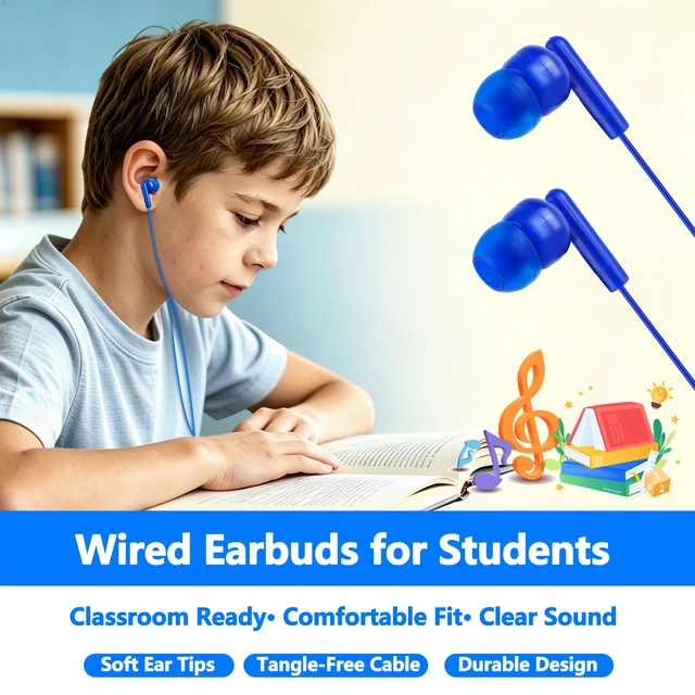Alt view image 4 of 7 - 50 Pack Bulk Earbuds for Classroom, Wired 3.5mm Jack Multi Color Kids Earbuds Wired for School Students Library, In Ear Headphones Wired for Tablet Chromebook