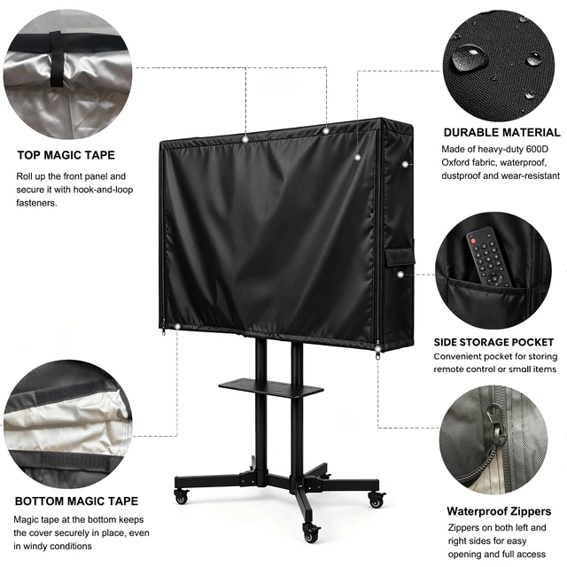 Alt view image 3 of 7 - Outdoor Waterproof Rolling TV Cart Cover, Black Dustproof Mobile Television Stand Cover Fit 50-55 Inch TV