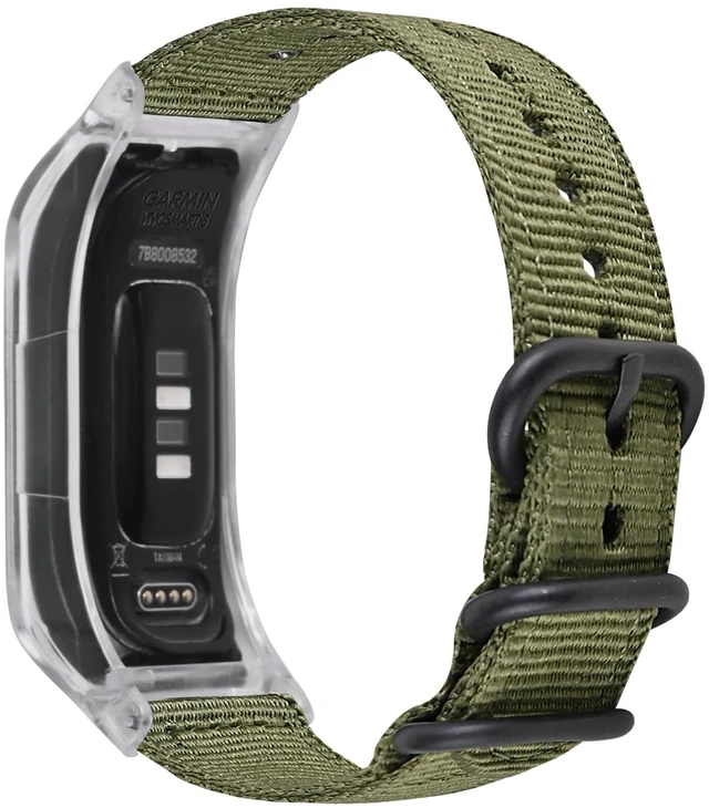 Alt view image 3 of 3 - Canvas Nylon Bands Compatible with Garmin Vivosmart 5 tracker Replacement Bands withTransparent Case