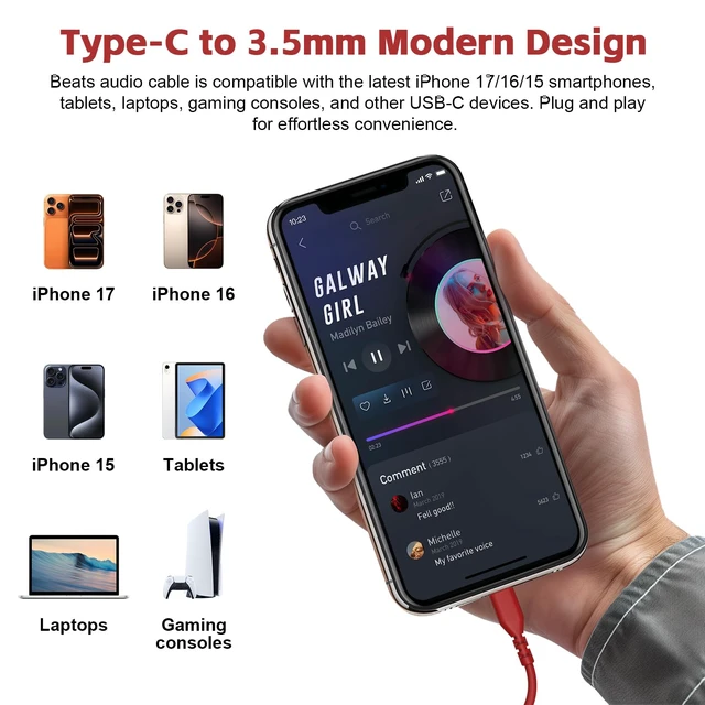 Alt view image 4 of 7 - USB C Solo 4 Audio Cable, Solo 3 Replacement Audio Aux Cord with Inline Mic Control Compatible with Beats Studio Solo Pro Detox Mixr Executive Pill Headphones to iPhone 17/16 USB-C Devices (Red)
