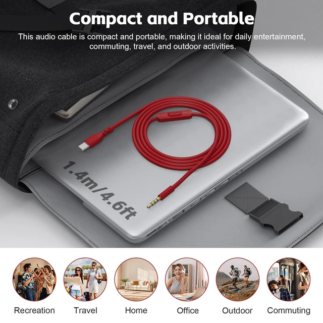 Alt view image 6 of 7 - USB C Solo 4 Audio Cable, Solo 3 Replacement Audio Aux Cord with Inline Mic Control Compatible with Beats Studio Solo Pro Detox Mixr Executive Pill Headphones to iPhone 17/16 USB-C Devices (Red)