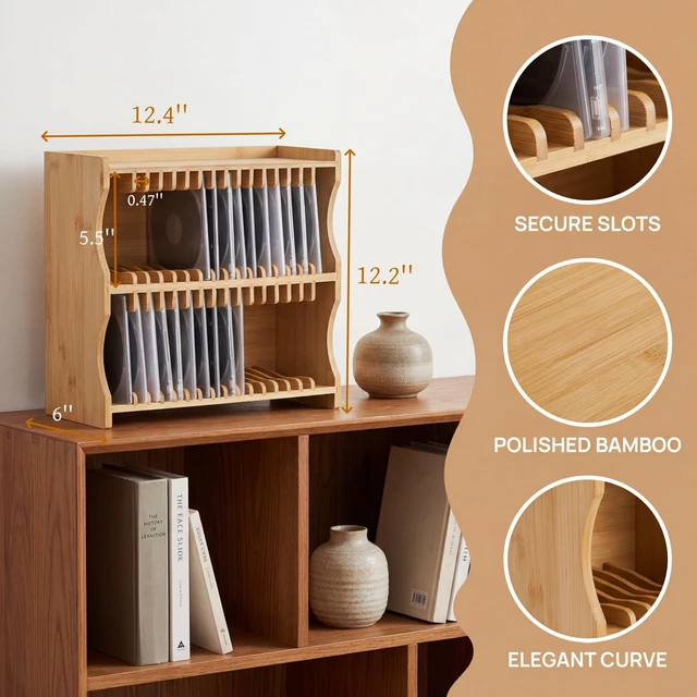 Alt view image 2 of 7 - Bamboo CD Holder Rack, Holds up to 32 CD Cases CD Rack Organizer with Rubber Feet, DVD Display Shelf for Movie Cases, DVDs, Cassette Tape