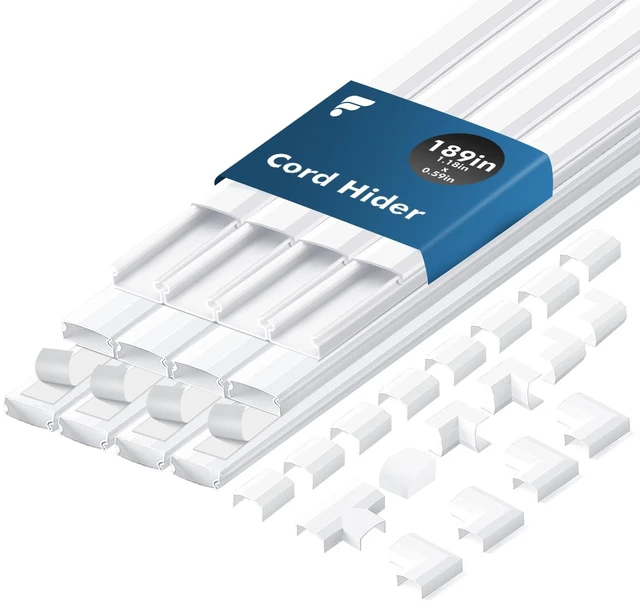 Main image of TV Cord Hider, 189in Cord Cover Wall Mounted, W1.18 x H0.59 in Large Cable Hider, Paintable Wire Covers for 4-5 Cords, White Cable Raceway, Wire Hiders for TV on Wall (15.75inx12-Pack)