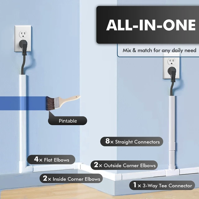 Alt view image 6 of 7 - TV Cord Hider, 189in Cord Cover Wall Mounted, W0.98 x H0.51 in Large Cable Hider, Paintable Wire Covers for 2-3 Cords, White Cable Raceway, Wire Hiders for TV on Wall (15.75inx12-Pack)