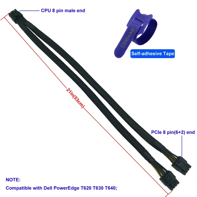 Alt view image 4 of 6 - CPU 8 Pin Male to Dual 8 Pin(6+2) Male PCIe Power Adapter Cable for Dell PowerEdge T730 T620 T630 T640 T430 T440 and NVIDIA Tesla GPU 21-inch(53cm)