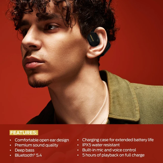 Alt view image 7 of 7 - Open Flex Open Ear Wireless Earbuds, Around-Ear Secure Fit Bluetooth Headphones, Earhook Design, Stay Aware While Listening, IPX5 Waterproof, Built-in Mic, Charging Case