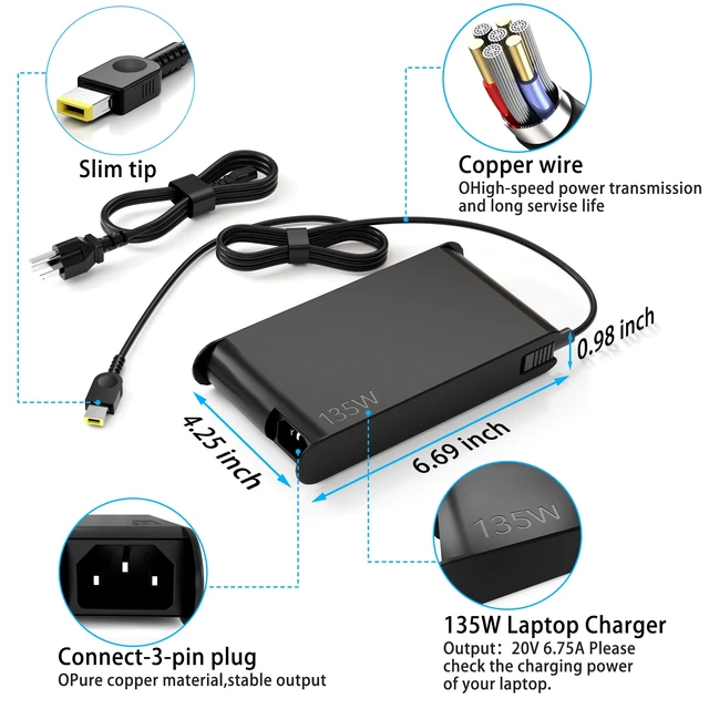 Alt view image 3 of 6 - Newest Slim 20V 6.75A 135W AC Adapter Compatible with Thinkpad X1 P1 P15v T15p ThinkPad T440P T470p T540p Ideapad 3 700 L340 Legion Y50 Y520 Y530 Y7000P ADL135NDC3A ADL135NDC2A 135W Charger