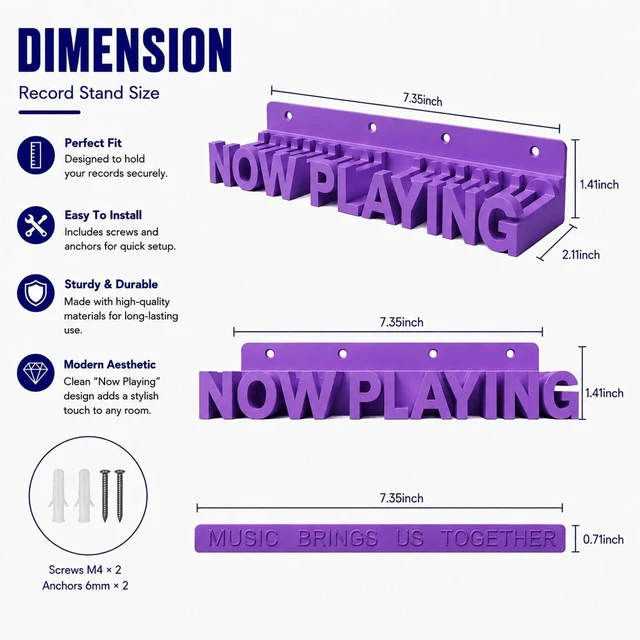 Alt view image 4 of 6 - Now Playing Vinyl Record Stand Wall MountRecord Display Stand for Vinyl Records and LP Record Floating Shelves Record Storage Holder (Purple)