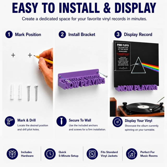 Alt view image 5 of 6 - Now Playing Vinyl Record Stand Wall MountRecord Display Stand for Vinyl Records and LP Record Floating Shelves Record Storage Holder (Purple)