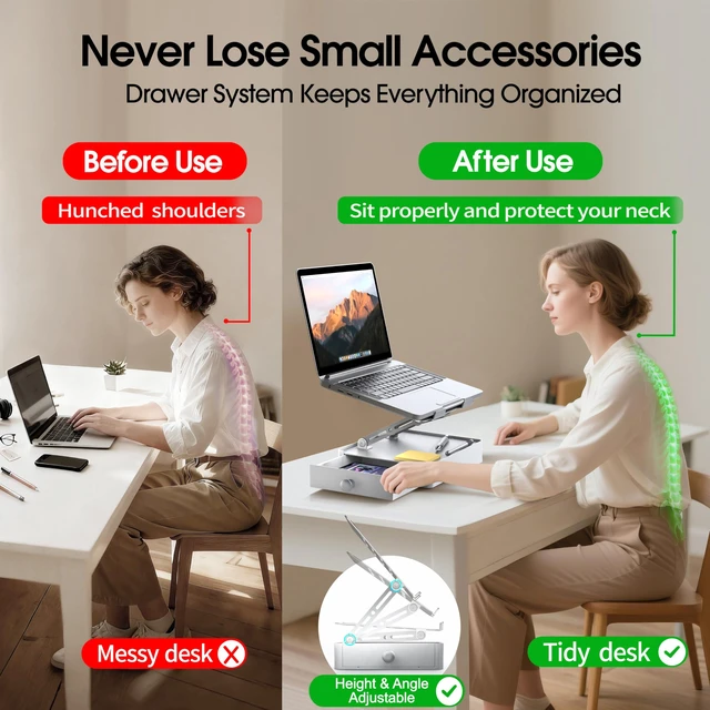 Alt view image 2 of 7 - Laptop Stand with Storage Drawer, Heavy-Duty Metal Laptop Riser for Desk Ergonomic Height & Angle Adjustment for 1016.2 Laptops, Ideal for Home Office, Workstation, and Study Spaces, Silver