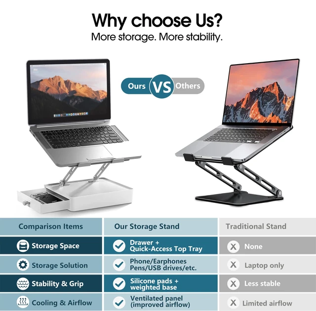 Alt view image 5 of 7 - Laptop Stand with Storage Drawer, Heavy-Duty Metal Laptop Riser for Desk Ergonomic Height & Angle Adjustment for 1016.2 Laptops, Ideal for Home Office, Workstation, and Study Spaces, Silver