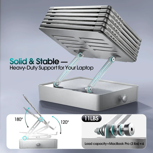 Alt view image 6 of 7 - Laptop Stand with Storage Drawer, Heavy-Duty Metal Laptop Riser for Desk Ergonomic Height & Angle Adjustment for 1016.2 Laptops, Ideal for Home Office, Workstation, and Study Spaces, Silver