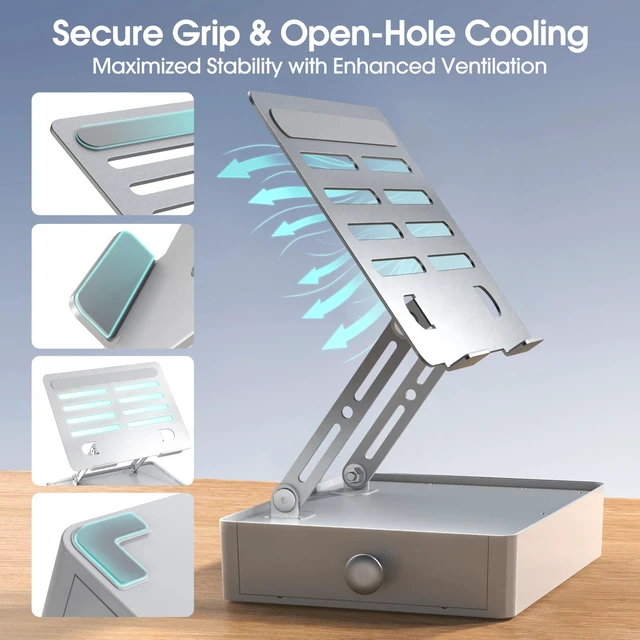 Alt view image 7 of 7 - Laptop Stand with Storage Drawer, Heavy-Duty Metal Laptop Riser for Desk Ergonomic Height & Angle Adjustment for 1016.2 Laptops, Ideal for Home Office, Workstation, and Study Spaces, Silver