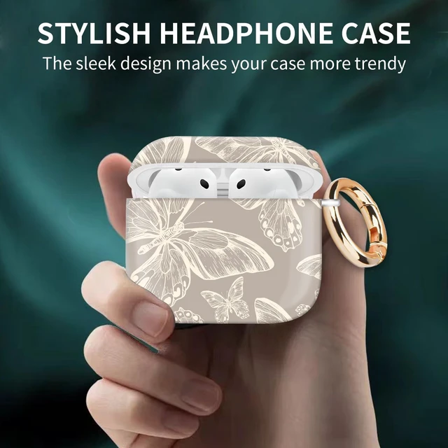 Alt view image 2 of 6 - Case Cover Compatible with AirPods 4th Generation 2024, Shockproof for Women & Girls with Golden Round Buckle Protective, Anti-Drop Design(Cute Grey Butterfly)