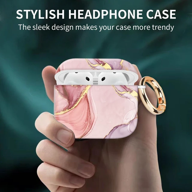 Alt view image 2 of 6 - Case Cover Compatible with AirPod 4th Generation 2024, Shockproof for Women & Girls with Golden Round Buckle Protective, Anti-Drop Design(Cute Pink Marble)