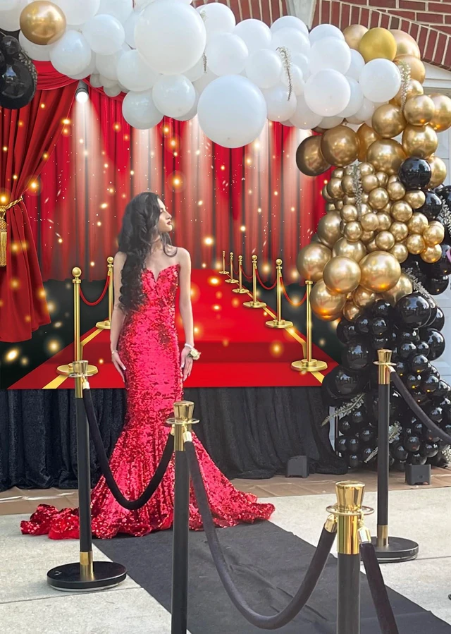 Alt view image 6 of 7 - Red Carpet Backdrop Movie Night Film Stars Glitter Party Red Curtain Decor Photo Background VIP Fashion Show Prom Graduation Wedding Birthday Party Supplies Photo Props (8x6FT)