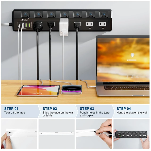 Alt view image 5 of 7 - Power Strip with USBC & USBA Ports, 6 AC Outlets, Wall Mount