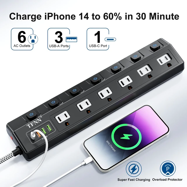 Alt view image 6 of 7 - Power Strip with USBC & USBA Ports, 6 AC Outlets, Wall Mount