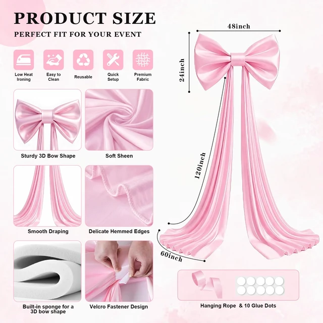 Alt view image 2 of 7 - Big Pink Bow for Backdrop, Extra Large Coquette Bows with Built-in Sponge, 48x24x120 Inches Giant Bow Decor for Birthday, Baby Shower, Bridal Party, Wedding, Nursery Room Hanging Decoration