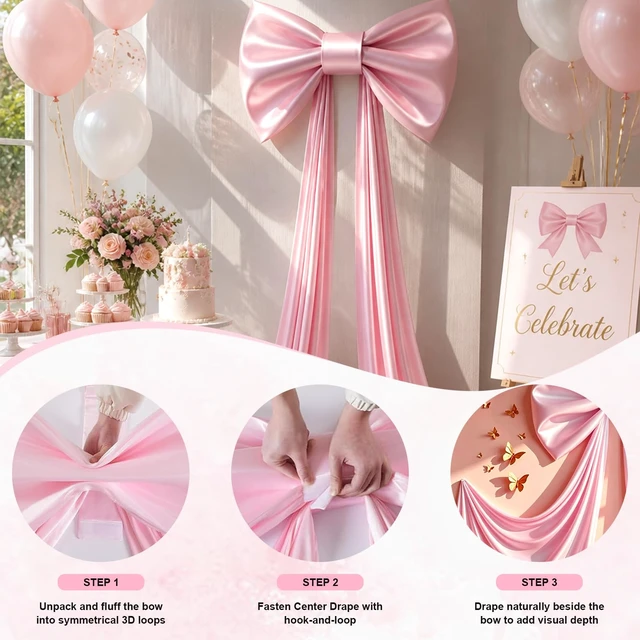 Alt view image 3 of 7 - Big Pink Bow for Backdrop, Extra Large Coquette Bows with Built-in Sponge, 48x24x120 Inches Giant Bow Decor for Birthday, Baby Shower, Bridal Party, Wedding, Nursery Room Hanging Decoration